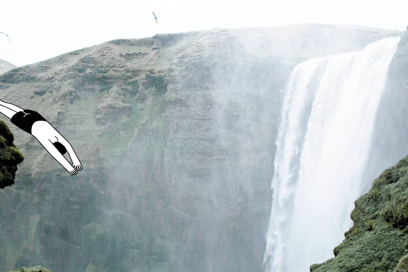 Ein illustrierter Mensch springt von einer Klippe in einen Wasserfall, symbolisierend den Sprung in ein neues Projekt oder eine neue Produktentwicklung
