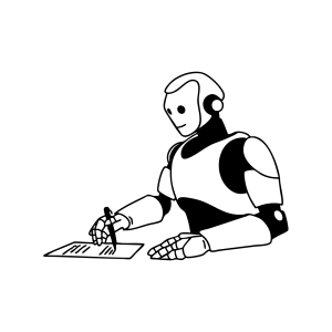 Illustration of a humanoid robot writing, symbolizing AI-driven content creation, automation, and digital assistance