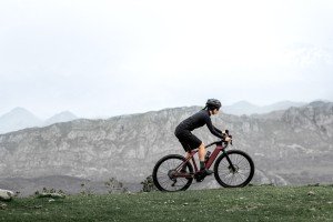Person auf Fahrrad in einer bergigen Landschaft