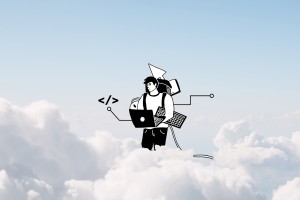 Wolkenabbildung mit einer Illustration von einer Person mit Laptop und Keyboard in der Hand