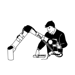 Illustration eines Menschen, der mit einem Industrieroboterarm arbeitet, Symbol für Mensch-Maschine-Zusammenarbeit, Automatisierung und moderne Produktion