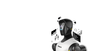 Futuristischer humanoider Roboter mit Exxeta Branding, Symbol für künstliche Intelligenz, Datenanalyse und automatisierte Prozesse im Unternehmen